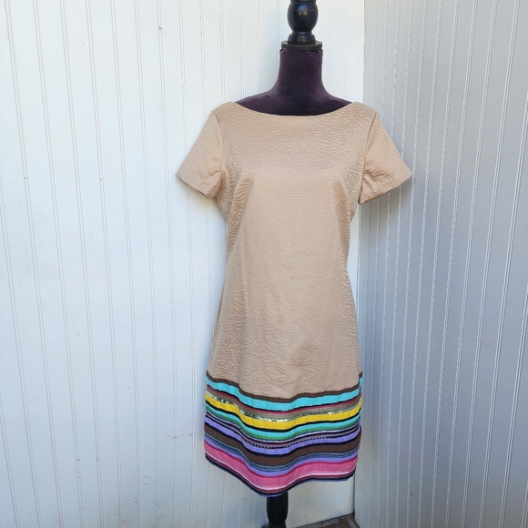 Muse Beige Zebra Print Shift Dress  Multicolor Embroidery Sequins Short Sleev 12 - Picture 1 of 15